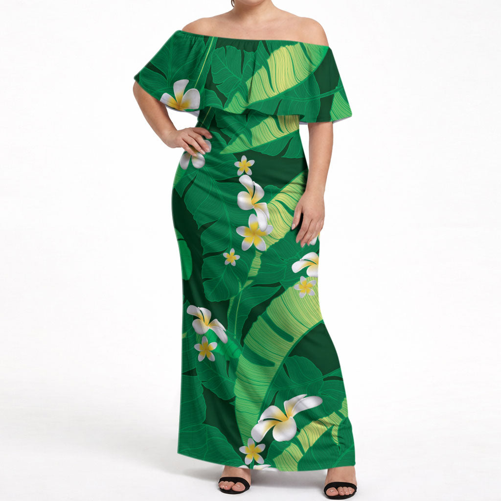 Green Banana Leaf Hawaii Off Shoulder Maxi Dress Lau Maia Plumeria Tropical Summer Vibes