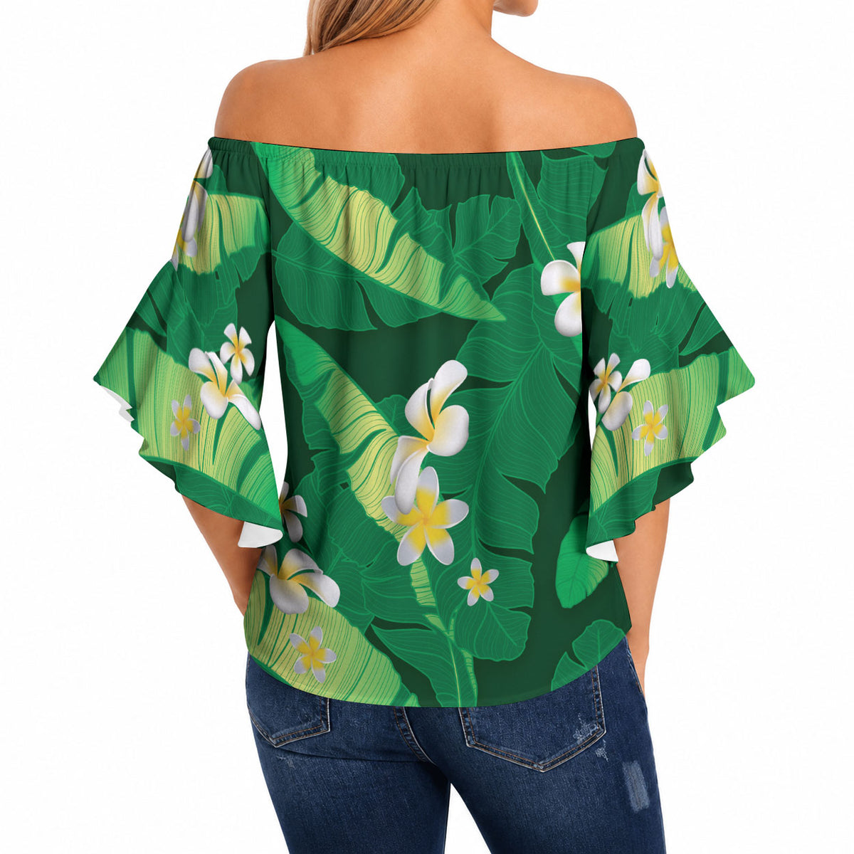Green Banana Leaf Hawaii Off Shoulder Wrap Waist Top Lau Maia Plumeria Tropical Summer Vibes LT14 - Polynesian Pride