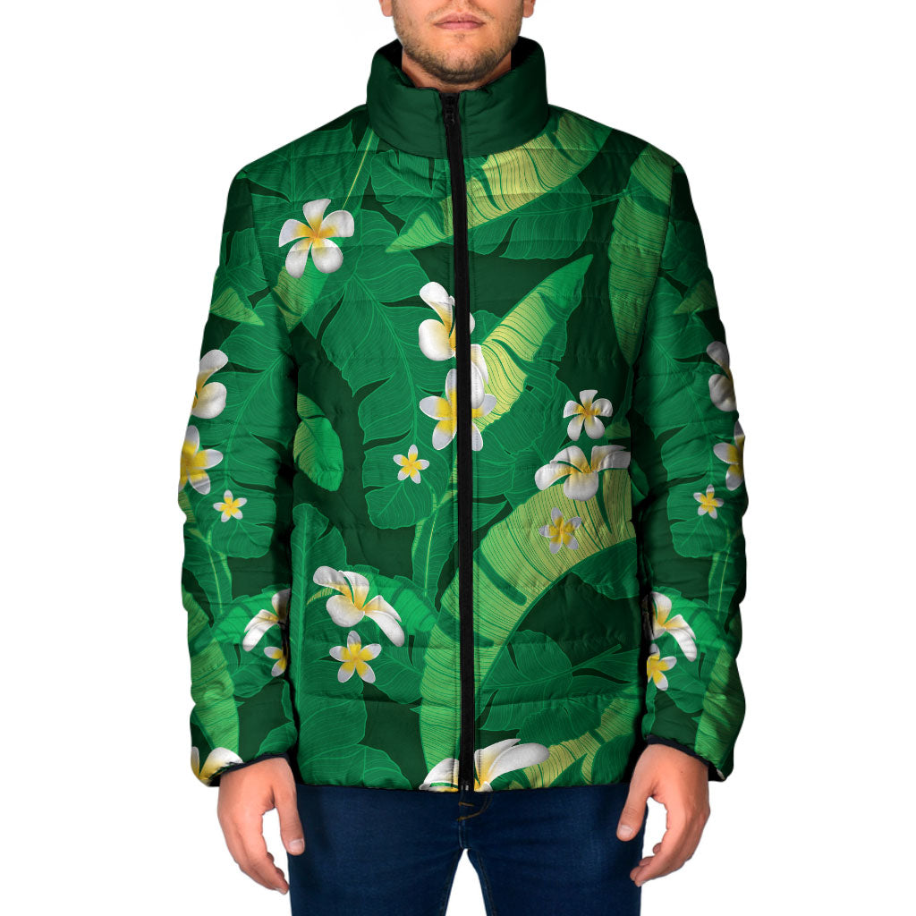 Green Banana Leaf Hawaii Padded Jacket Lau Maia Plumeria Tropical Summer Vibes