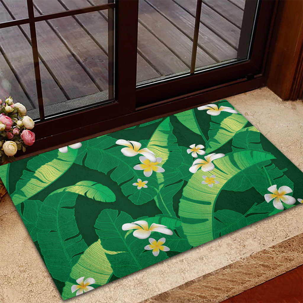 Green Banana Leaf Hawaii Rubber Doormat Lau Maia Plumeria Tropical Summer Vibes