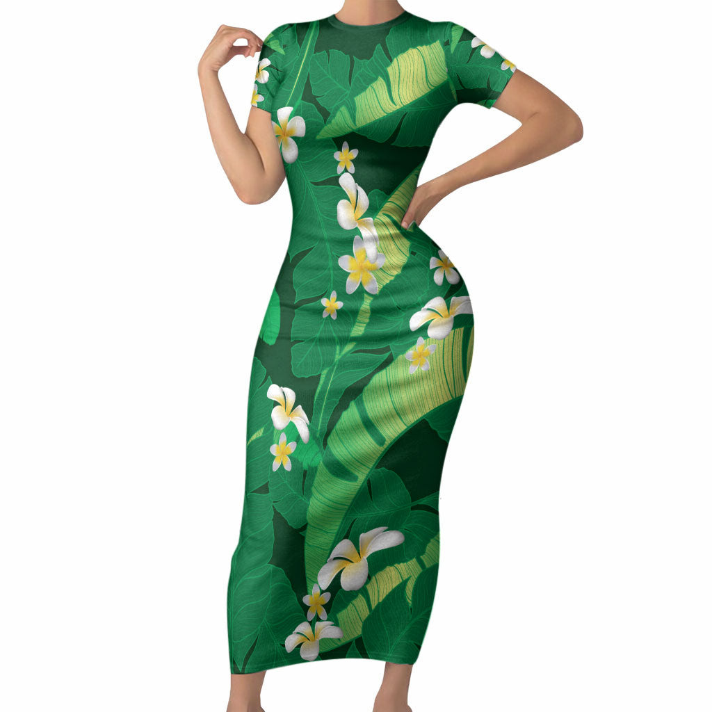 green banana leaf dress Hawaii Short Sleeve Bodycon Lau Maia Plumeria Tropical Summer Vibes Embellishments