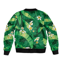 Green Banana Leaf Hawaii Sleeve Zip Bomber Jacket Lau Maia Plumeria Tropical Summer Vibes