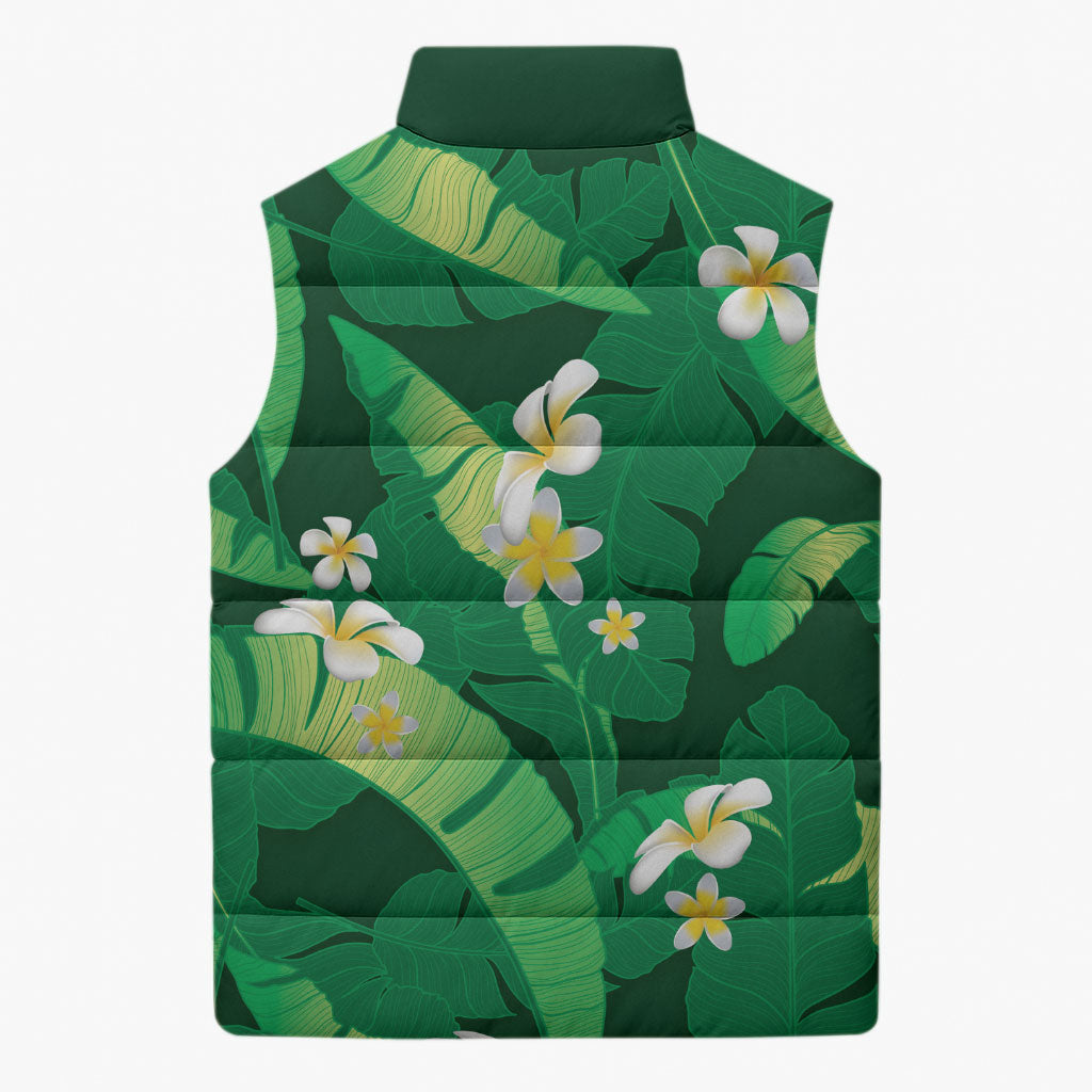 Green Banana Leaf Hawaii Sleeveless Puffer Jacket Lau Maia Plumeria Tropical Summer Vibes