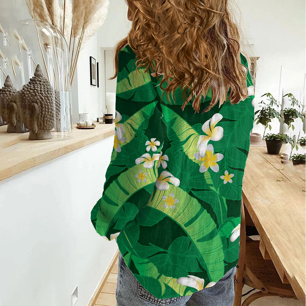 Green Banana Leaf Hawaii Women Casual Shirt Lau Maia Plumeria Tropical Summer Vibes