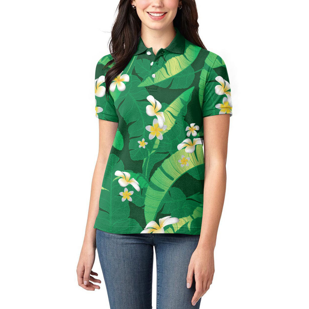 Green Banana Leaf Hawaii Women Polo Shirt Lau Maia Plumeria Tropical Summer Vibes