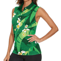 Green Banana Leaf Hawaii Women Sleeveless Polo Shirt Lau Maia Plumeria Tropical Summer Vibes