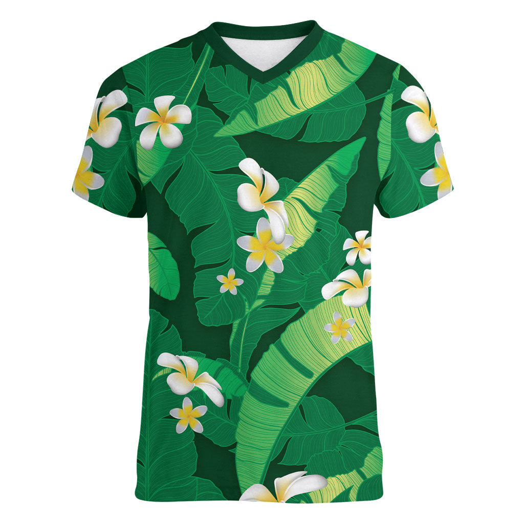 Green Banana Leaf Hawaii Women V-Neck T-Shirt Lau Maia Plumeria Tropical Summer Vibes