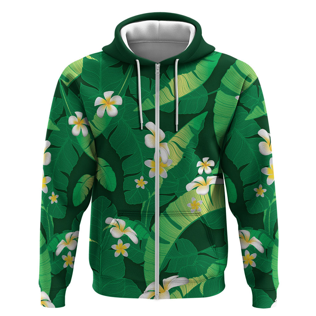 Green Banana Leaf Hawaii Zip Hoodie Lau Maia Plumeria Tropical Summer Vibes