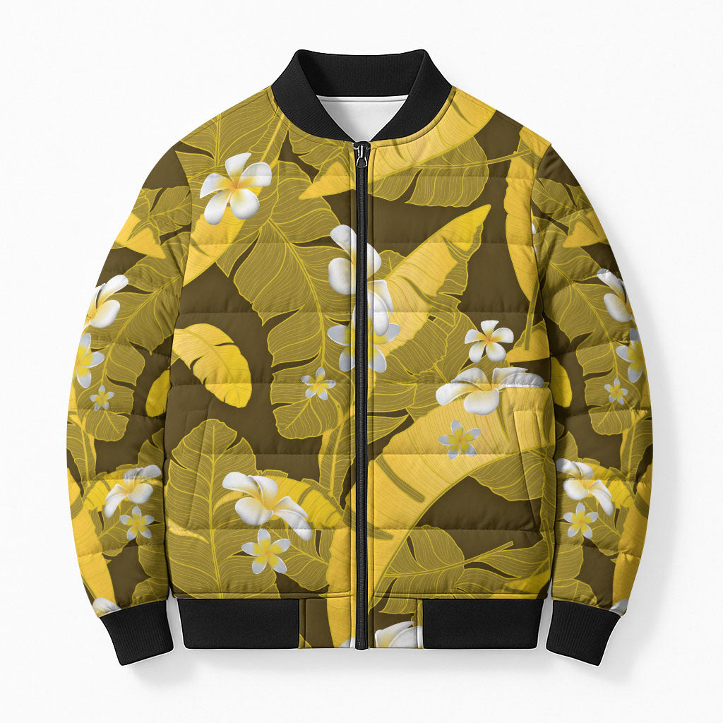 Yellow Banana Leaf Hawaii Bomber Puffer Jacket Lau Maia Plumeria Tropical Summer Vibes