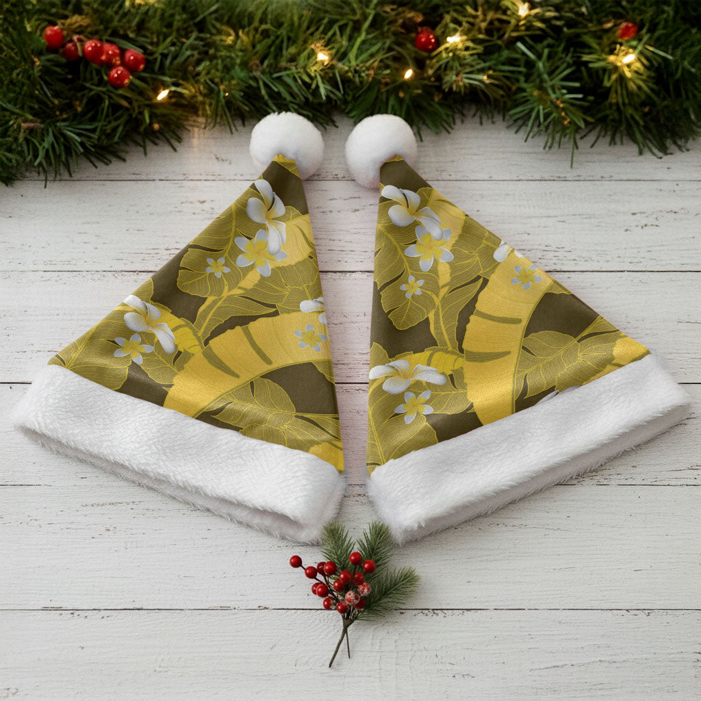 Yellow Banana Leaf Hawaii Christmas Santa Hat Lau Maia Plumeria Tropical Summer Vibes
