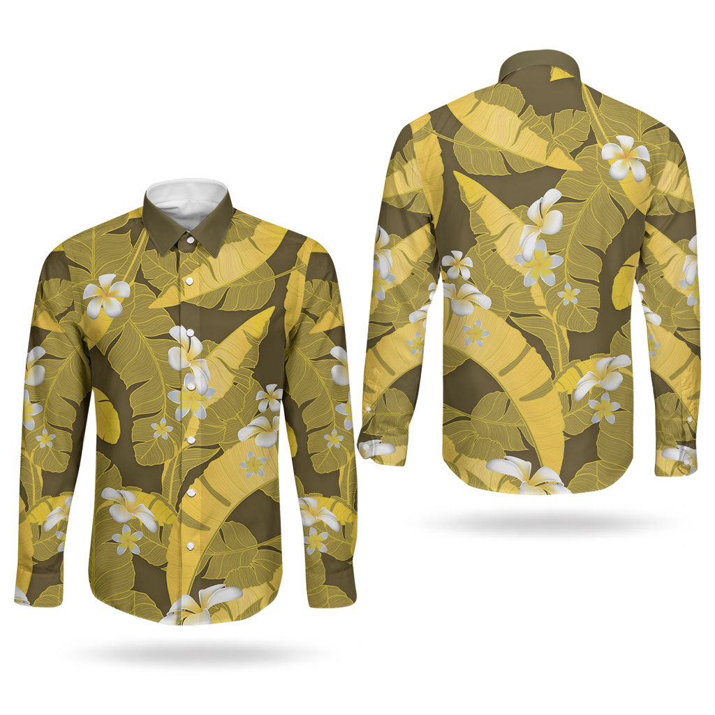 Yellow Banana Leaf Hawaii Couples Matching Mermaid Dress and Long Sleeve Button Shirt Lau Maia Plumeria Tropical Summer Vibes