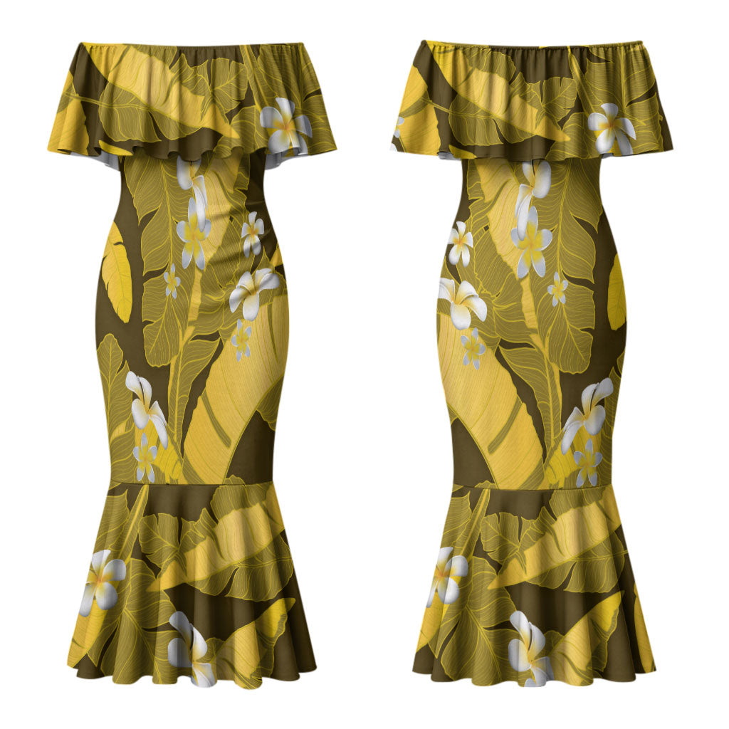 Yellow Banana Leaf Hawaii Couples Matching Mermaid Dress and Long Sleeve Button Shirt Lau Maia Plumeria Tropical Summer Vibes