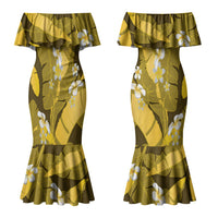 Yellow Banana Leaf Hawaii Couples Matching Mermaid Dress and Long Sleeve Button Shirt Lau Maia Plumeria Tropical Summer Vibes