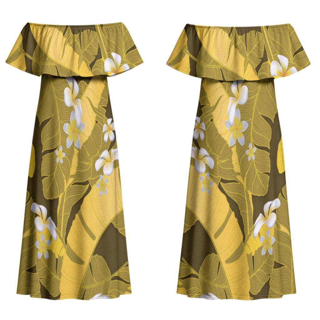 Yellow Banana Leaf Hawaii Couples Matching Off Shoulder Maxi Dress and Hawaiian Shirt Lau Maia Plumeria Tropical Summer Vibes