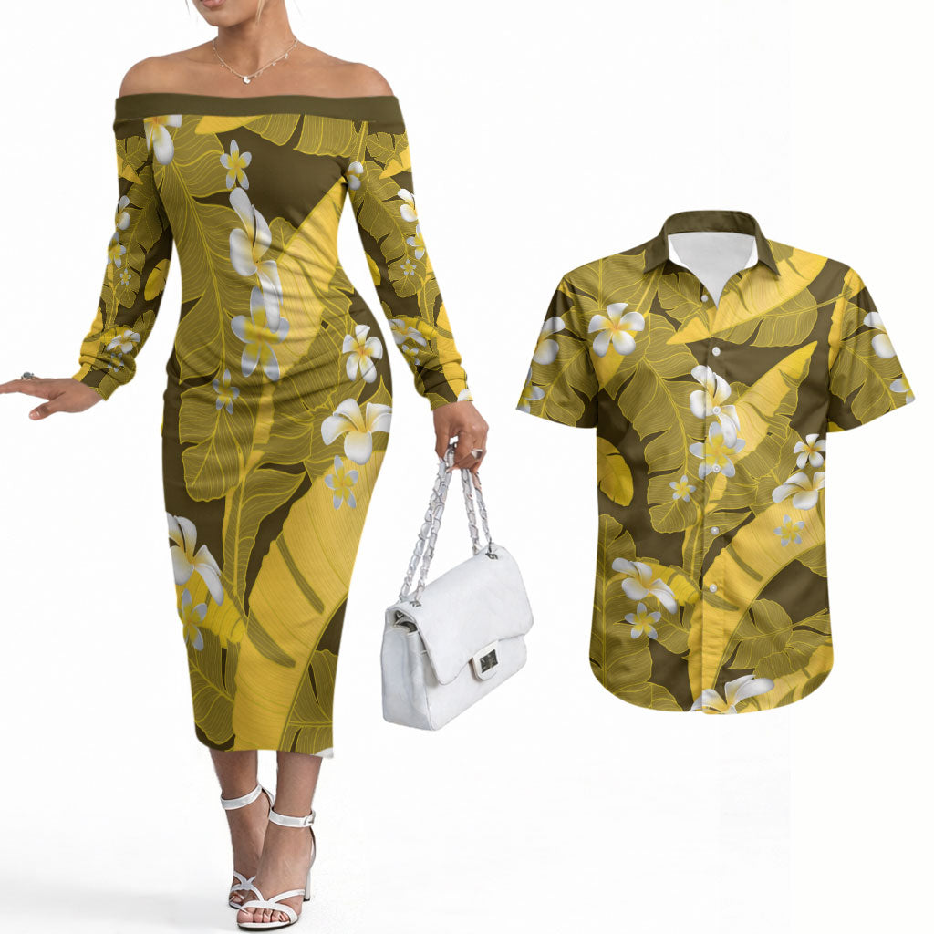 Yellow Banana Leaf Hawaii Couples Matching Off The Shoulder Long Sleeve Dress and Hawaiian Shirt Lau Maia Plumeria Tropical Summer Vibes