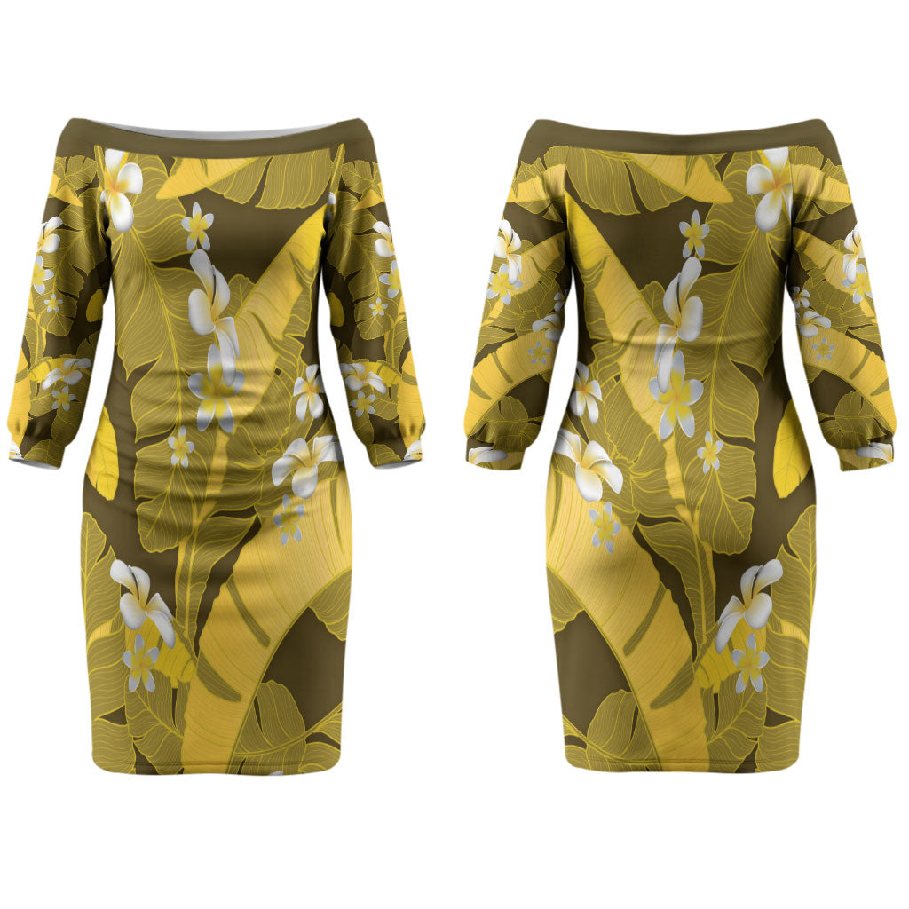 Yellow Banana Leaf Hawaii Couples Matching Off The Shoulder Long Sleeve Dress and Hawaiian Shirt Lau Maia Plumeria Tropical Summer Vibes