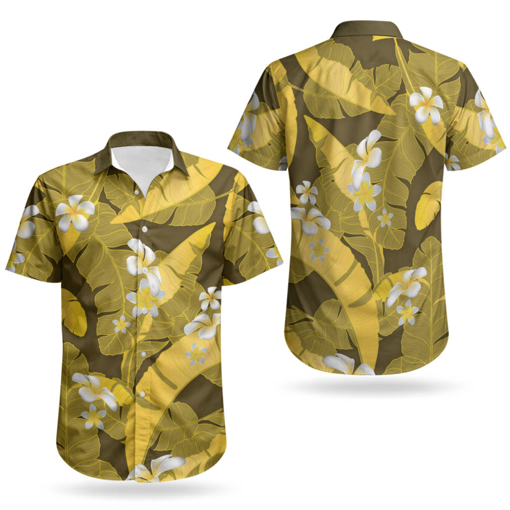 Yellow Banana Leaf Hawaii Couples Matching Puletasi and Hawaiian Shirt Lau Maia Plumeria Tropical Summer Vibes