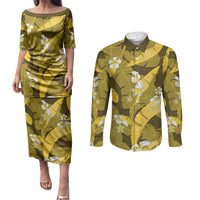 Yellow Banana Leaf Hawaii Couples Matching Puletasi and Long Sleeve Button Shirt Lau Maia Plumeria Tropical Summer Vibes