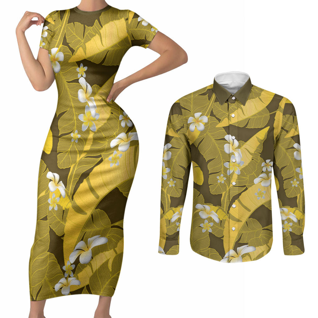 Yellow Banana Leaf Hawaii Couples Matching Short Sleeve Bodycon Dress and Long Sleeve Button Shirt Lau Maia Plumeria Tropical Summer Vibes