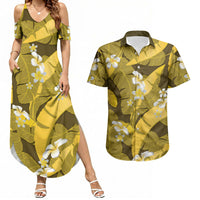 Yellow Banana Leaf Hawaii Couples Matching Summer Maxi Dress and Hawaiian Shirt Lau Maia Plumeria Tropical Summer Vibes