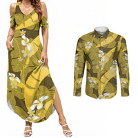 Yellow Banana Leaf Hawaii Couples Matching Summer Maxi Dress and Long Sleeve Button Shirt Lau Maia Plumeria Tropical Summer Vibes
