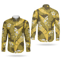 Yellow Banana Leaf Hawaii Couples Matching Summer Maxi Dress and Long Sleeve Button Shirt Lau Maia Plumeria Tropical Summer Vibes