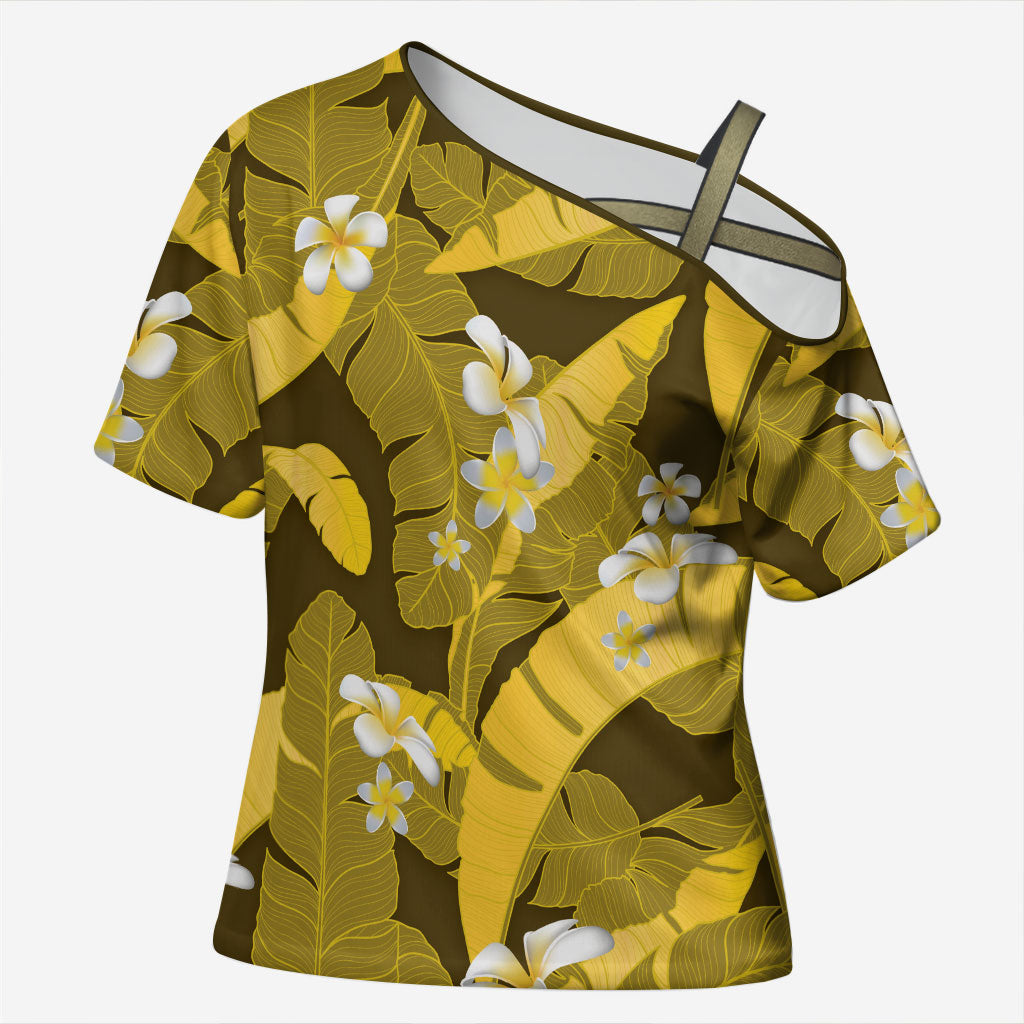 Yellow Banana Leaf Hawaii Cross Shoulder Shirt Lau Maia Plumeria Tropical Summer Vibes