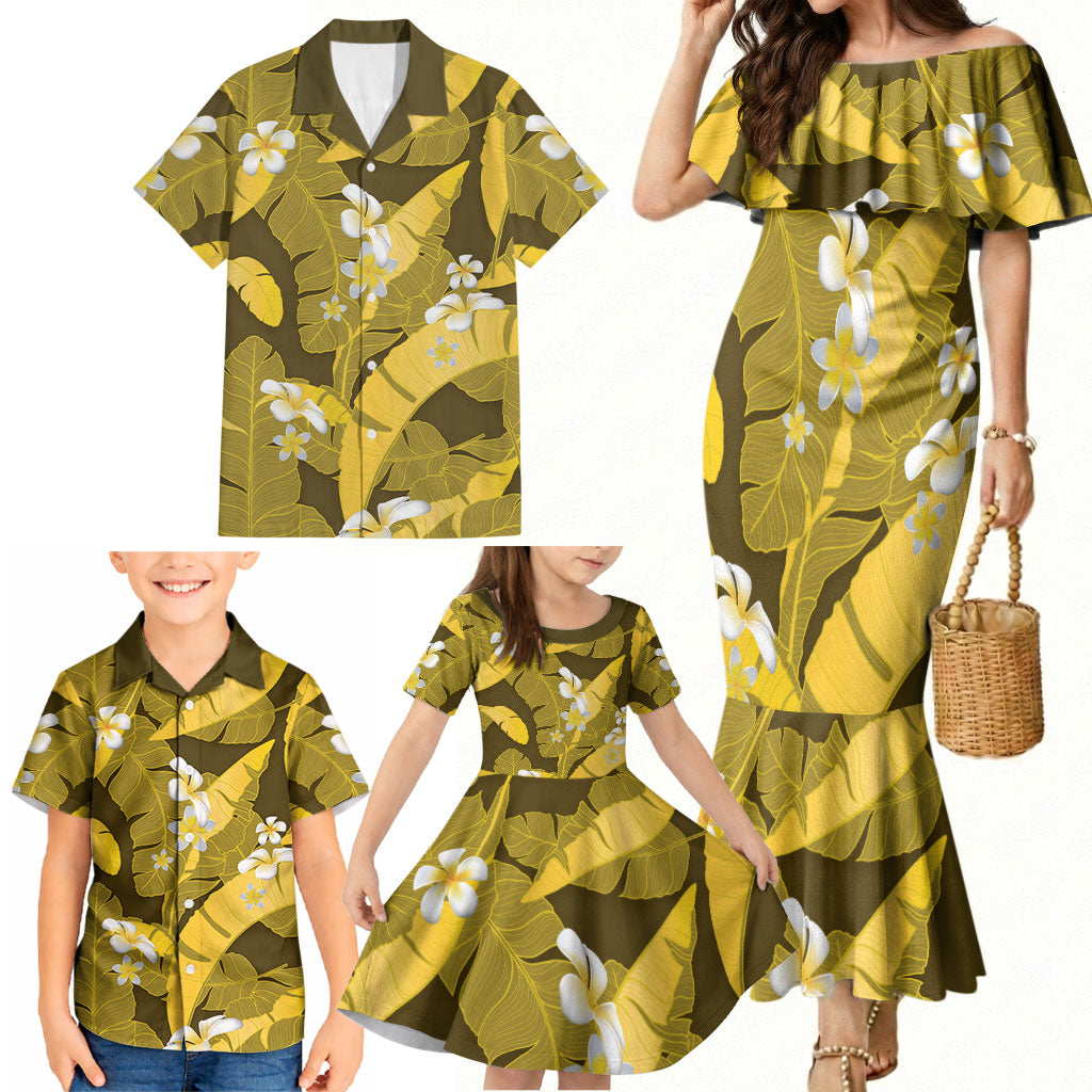 Yellow Banana Leaf Hawaii Family Matching Mermaid Dress and Hawaiian Shirt Lau Maia Plumeria Tropical Summer Vibes