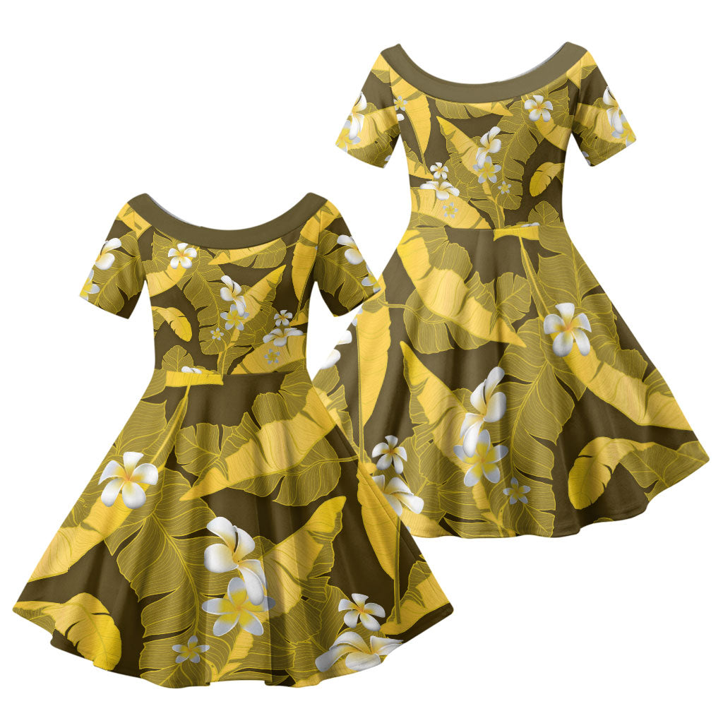 Yellow Banana Leaf Hawaii Family Matching Puletasi and Hawaiian Shirt Lau Maia Plumeria Tropical Summer Vibes