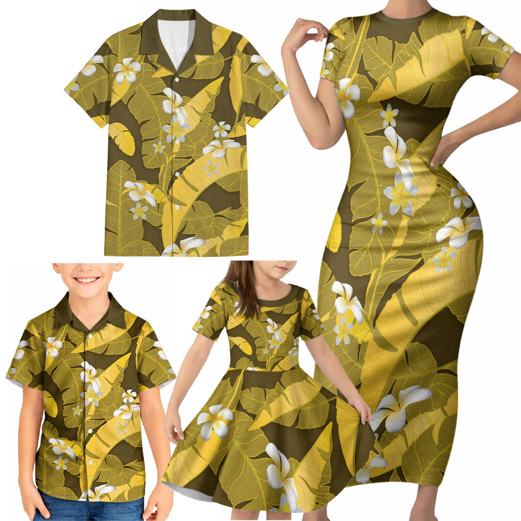 Yellow Banana Leaf Hawaii Family Matching Short Sleeve Bodycon Dress and Hawaiian Shirt Lau Maia Plumeria Tropical Summer Vibes