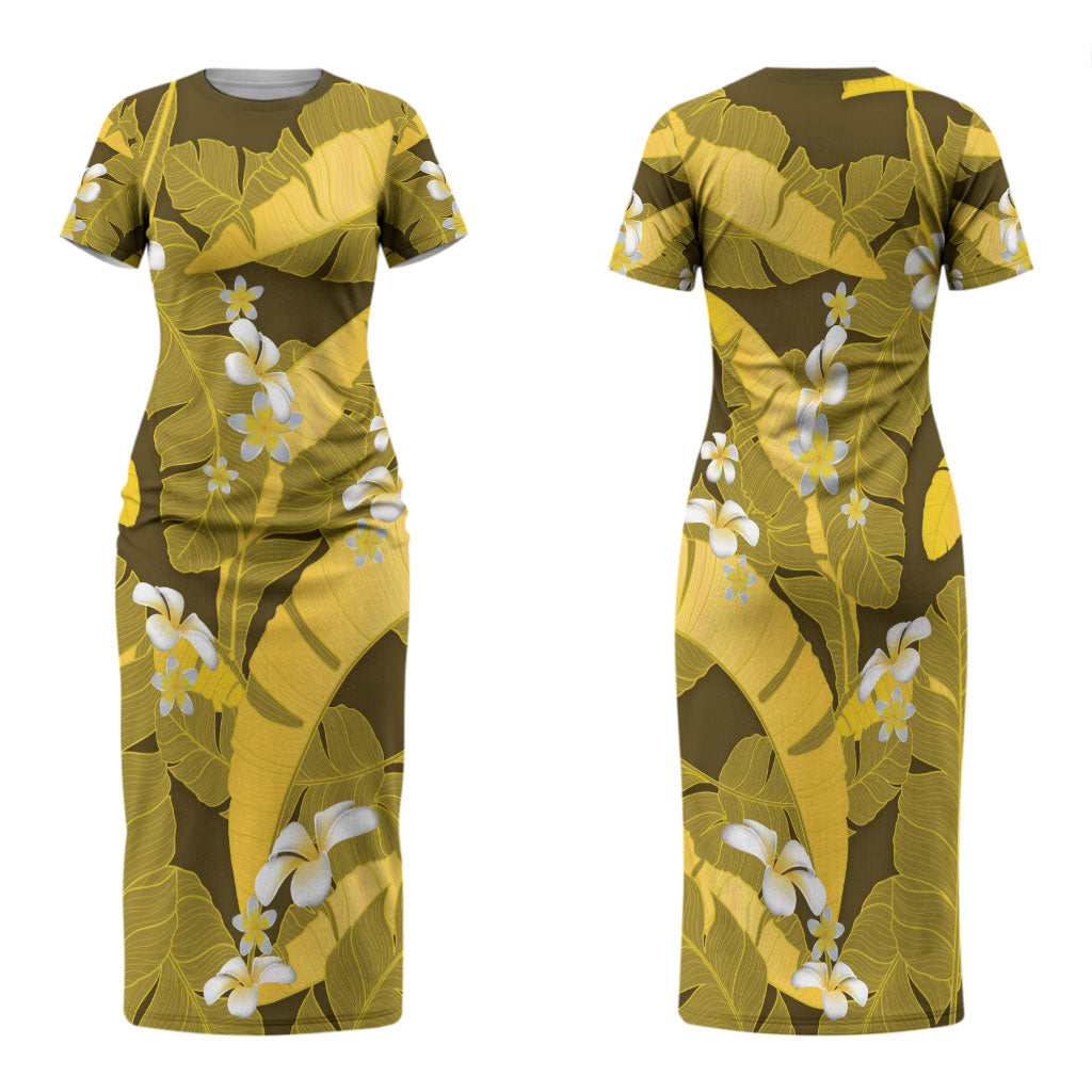 Yellow Banana Leaf Hawaii Family Matching Short Sleeve Bodycon Dress and Hawaiian Shirt Lau Maia Plumeria Tropical Summer Vibes