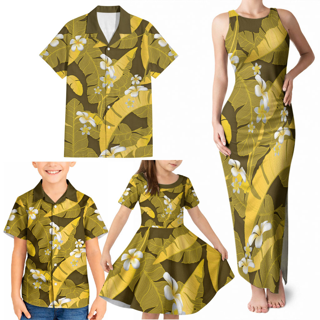 Yellow Banana Leaf Hawaii Family Matching Tank Maxi Dress and Hawaiian Shirt Lau Maia Plumeria Tropical Summer Vibes