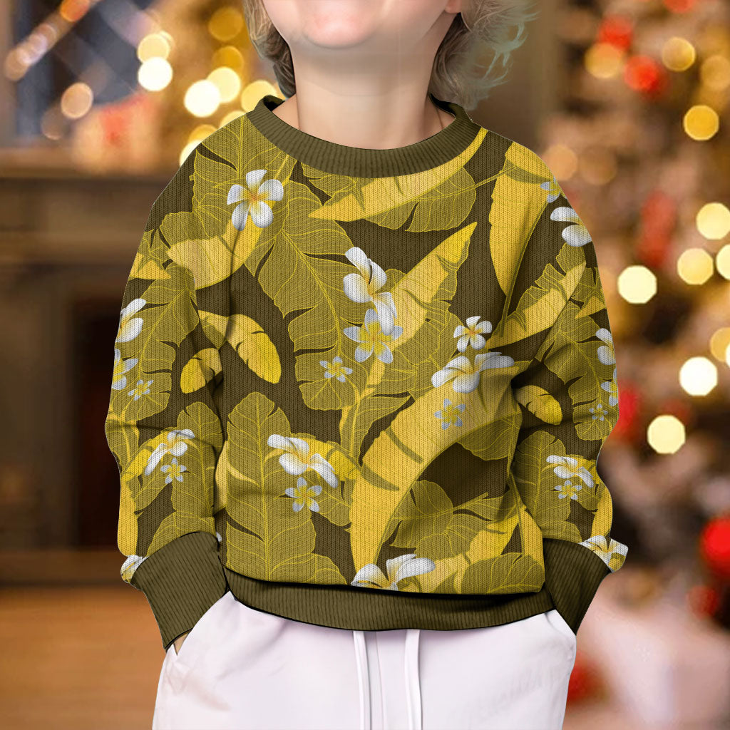 Yellow Banana Leaf Hawaii Kid Ugly Christmas Sweater Lau Maia Plumeria Tropical Summer Vibes