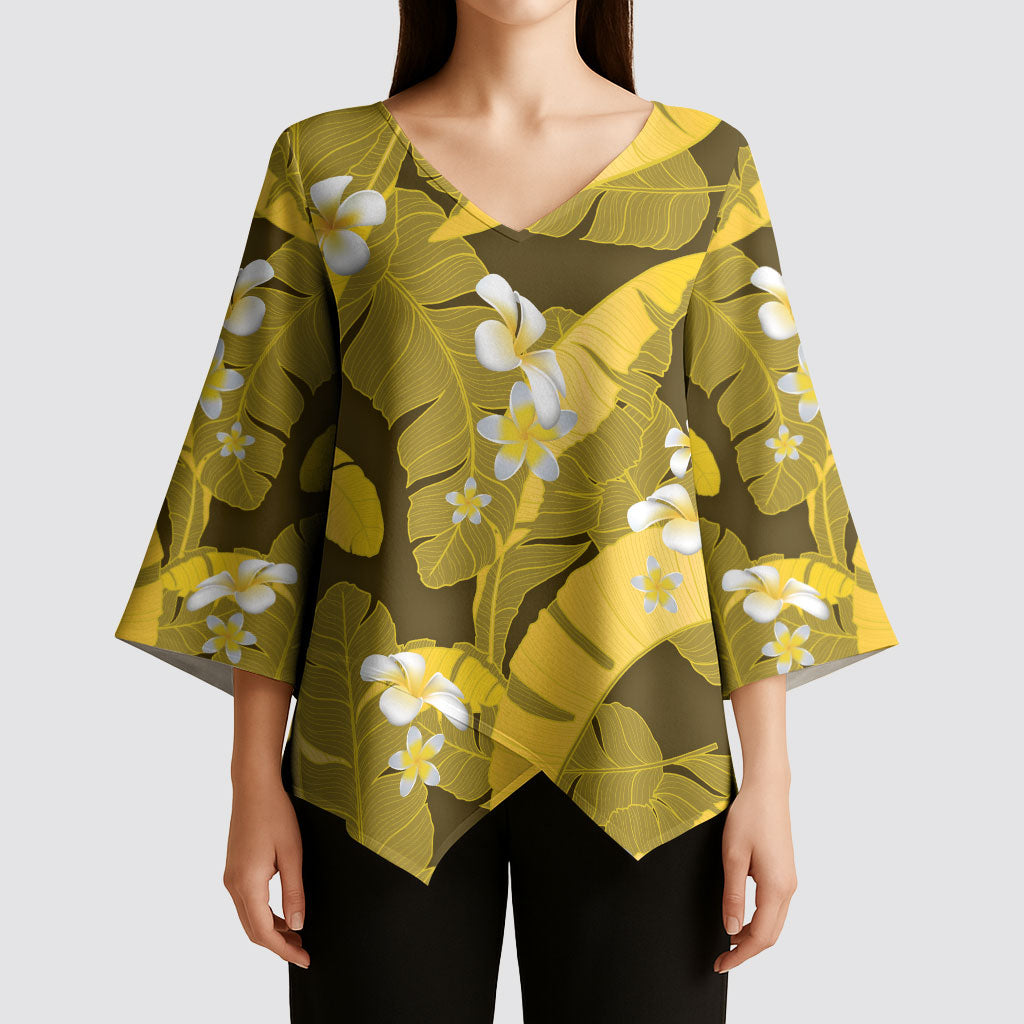 Yellow Banana Leaf Hawaii Kimono Sleeve Blouse Lau Maia Plumeria Tropical Summer Vibes