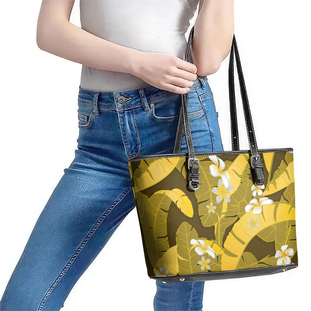 Yellow Banana Leaf Hawaii Leather Tote Bag Lau Maia Plumeria Tropical Summer Vibes