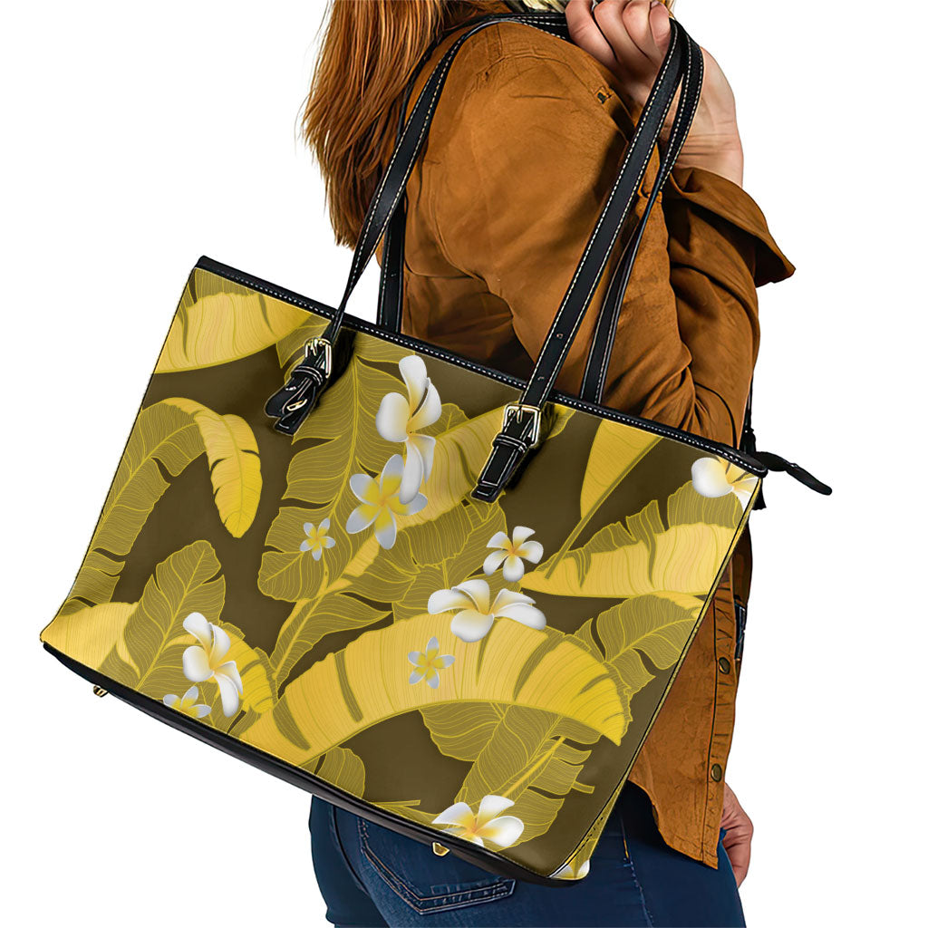 Yellow Banana Leaf Hawaii Leather Tote Bag Lau Maia Plumeria Tropical Summer Vibes