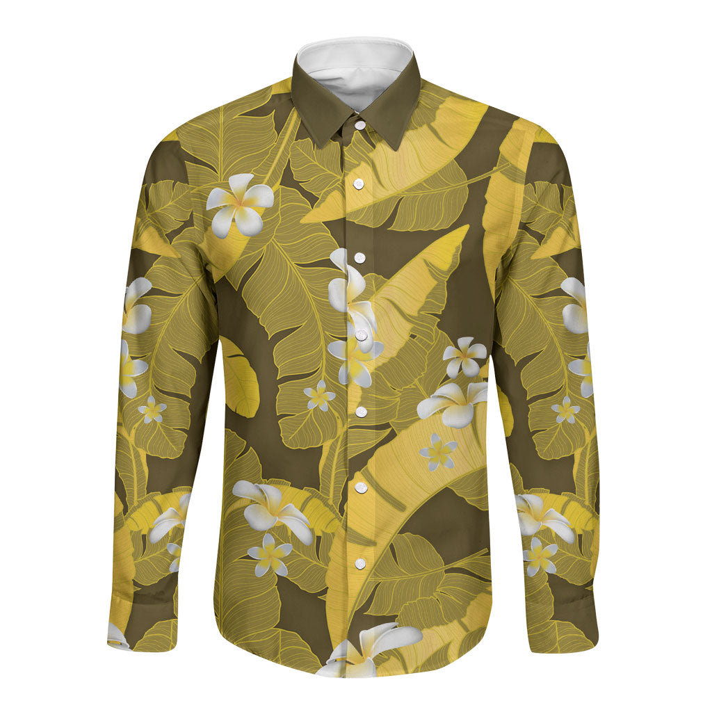 Yellow Banana Leaf Hawaii Long Sleeve Button Shirt Lau Maia Plumeria Tropical Summer Vibes