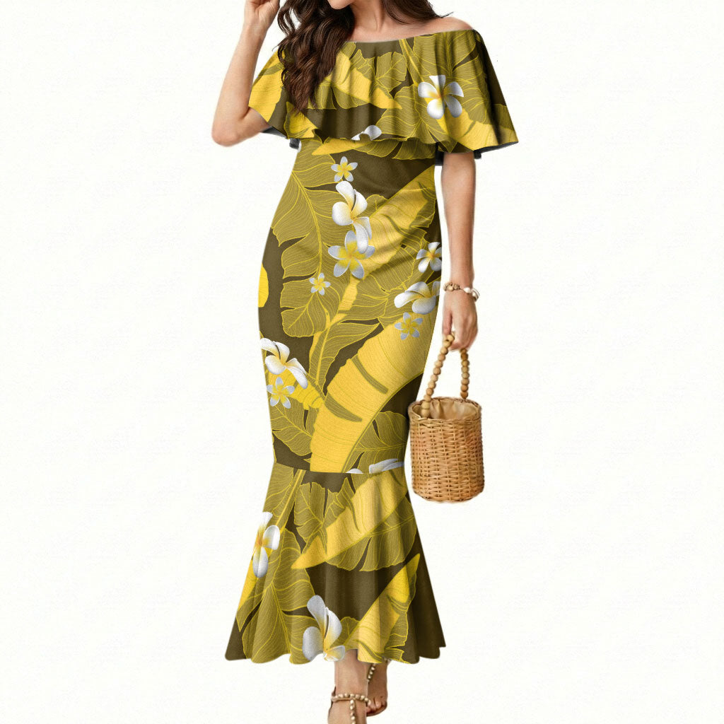 Yellow Banana Leaf Hawaii Mermaid Dress Lau Maia Plumeria Tropical Summer Vibes