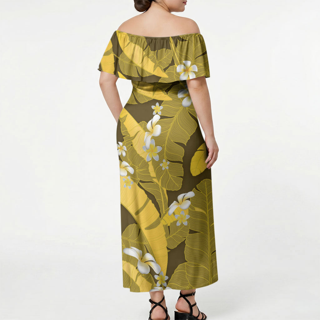 Yellow Banana Leaf Hawaii Off Shoulder Maxi Dress Lau Maia Plumeria Tropical Summer Vibes