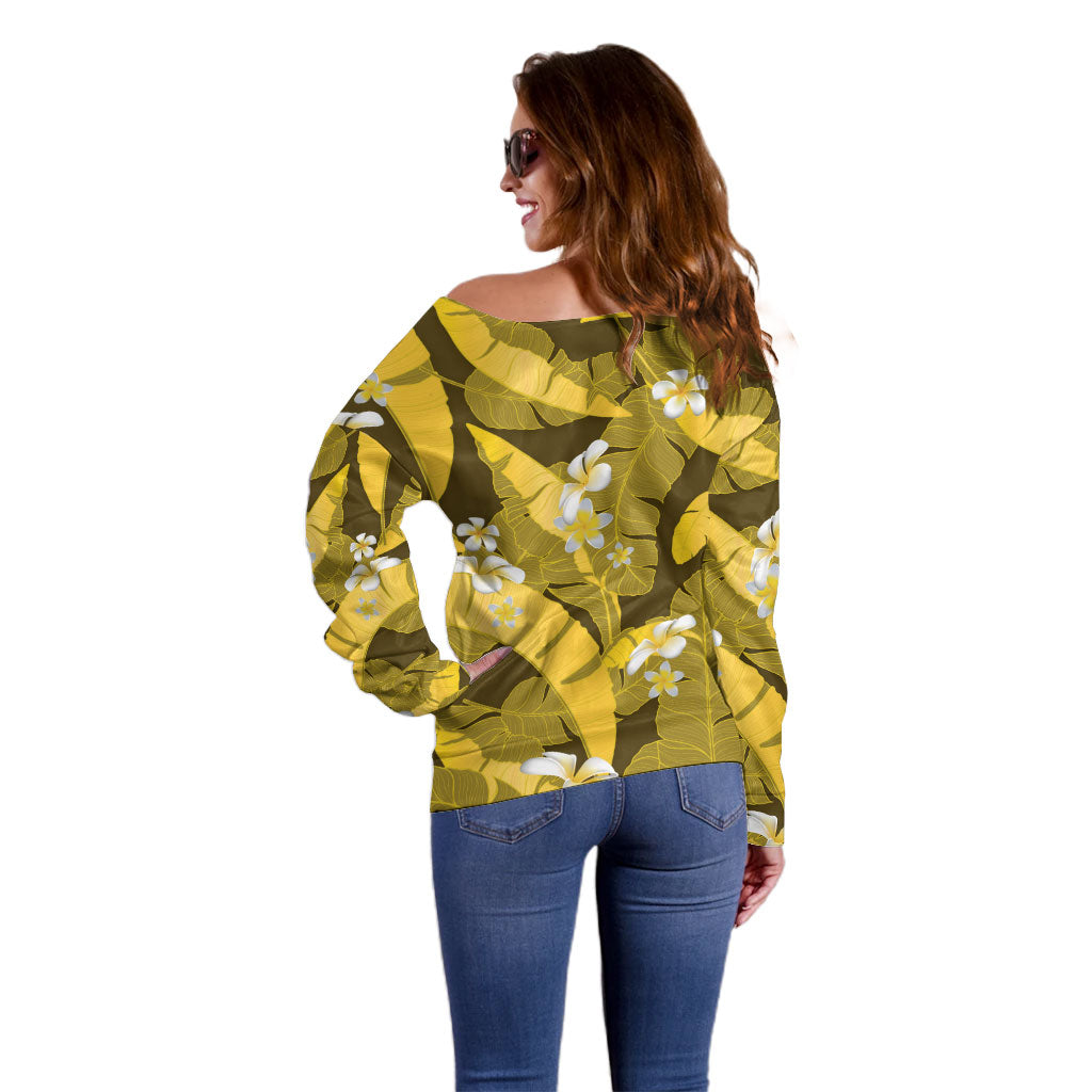 Yellow Banana Leaf Hawaii Off Shoulder Sweater Lau Maia Plumeria Tropical Summer Vibes