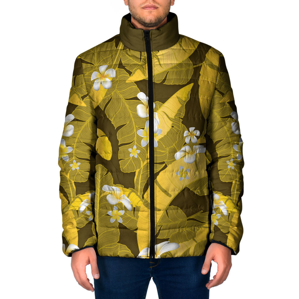 Yellow Banana Leaf Hawaii Padded Jacket Lau Maia Plumeria Tropical Summer Vibes