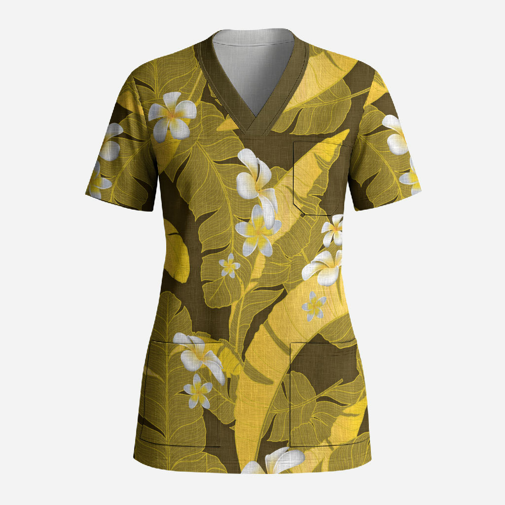 Yellow Banana Leaf Hawaii Scrub Top Lau Maia Plumeria Tropical Summer Vibes
