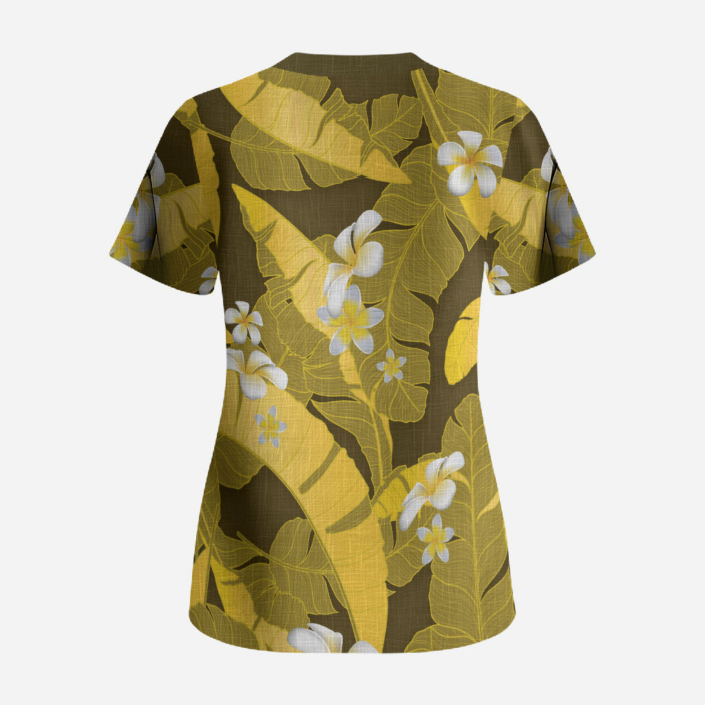 Yellow Banana Leaf Hawaii Scrub Top Lau Maia Plumeria Tropical Summer Vibes