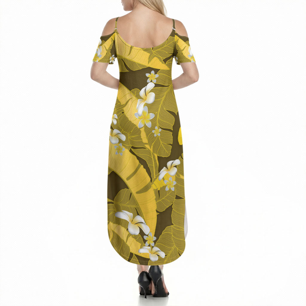 Yellow Banana Leaf Hawaii Summer Maxi Dress Lau Maia Plumeria Tropical Summer Vibes