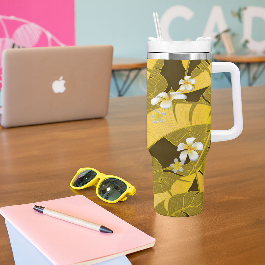 Yellow Banana Leaf Hawaii Tumbler With Handle Lau Maia Plumeria Tropical Summer Vibes