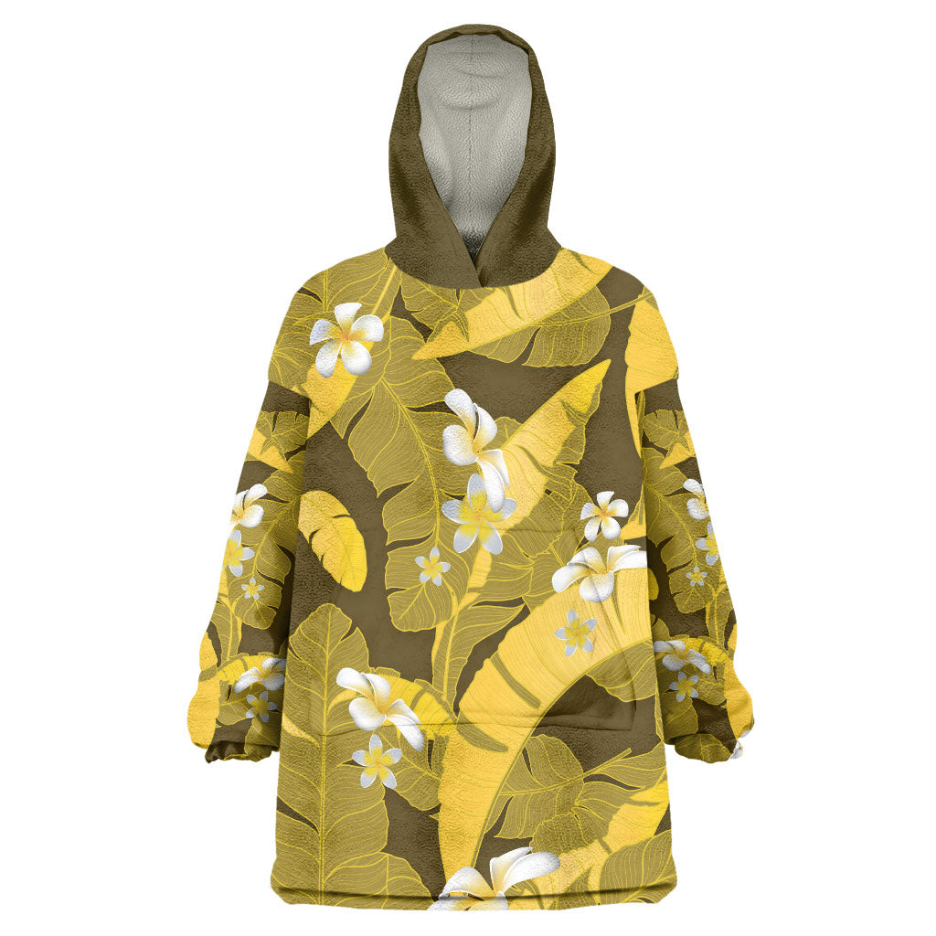 Yellow Banana Leaf Hawaii Wearable Blanket Hoodie Lau Maia Plumeria Tropical Summer Vibes