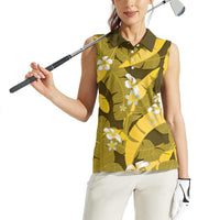 Yellow Banana Leaf Hawaii Women Sleeveless Polo Shirt Lau Maia Plumeria Tropical Summer Vibes