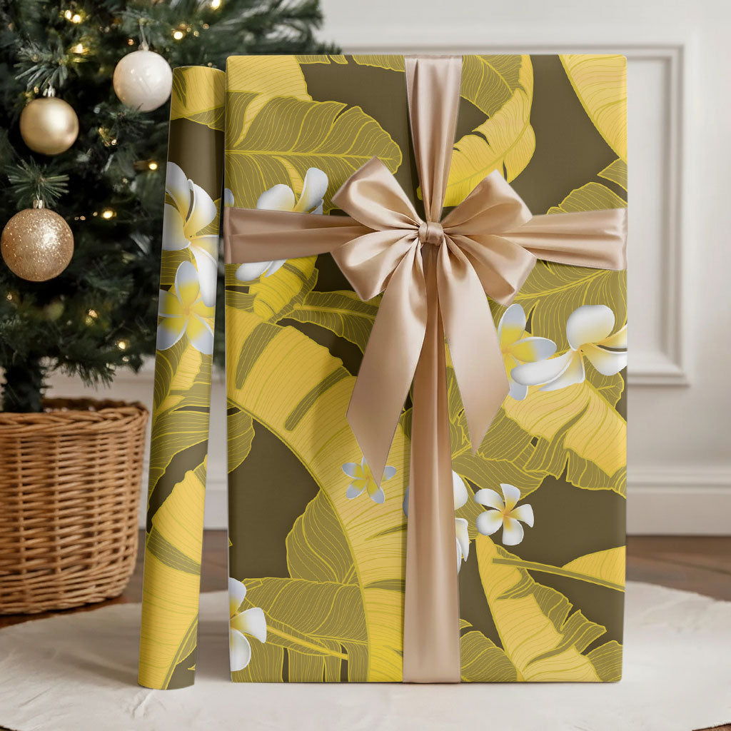 Yellow Banana Leaf Hawaii Wrapping Paper Lau Maia Plumeria Tropical Summer Vibes