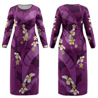 Purple Banana Leaf Hawaii Couples Matching Long Sleeve Bodycon Dress and Hawaiian Shirt Lau Maia Plumeria Tropical Summer Vibes