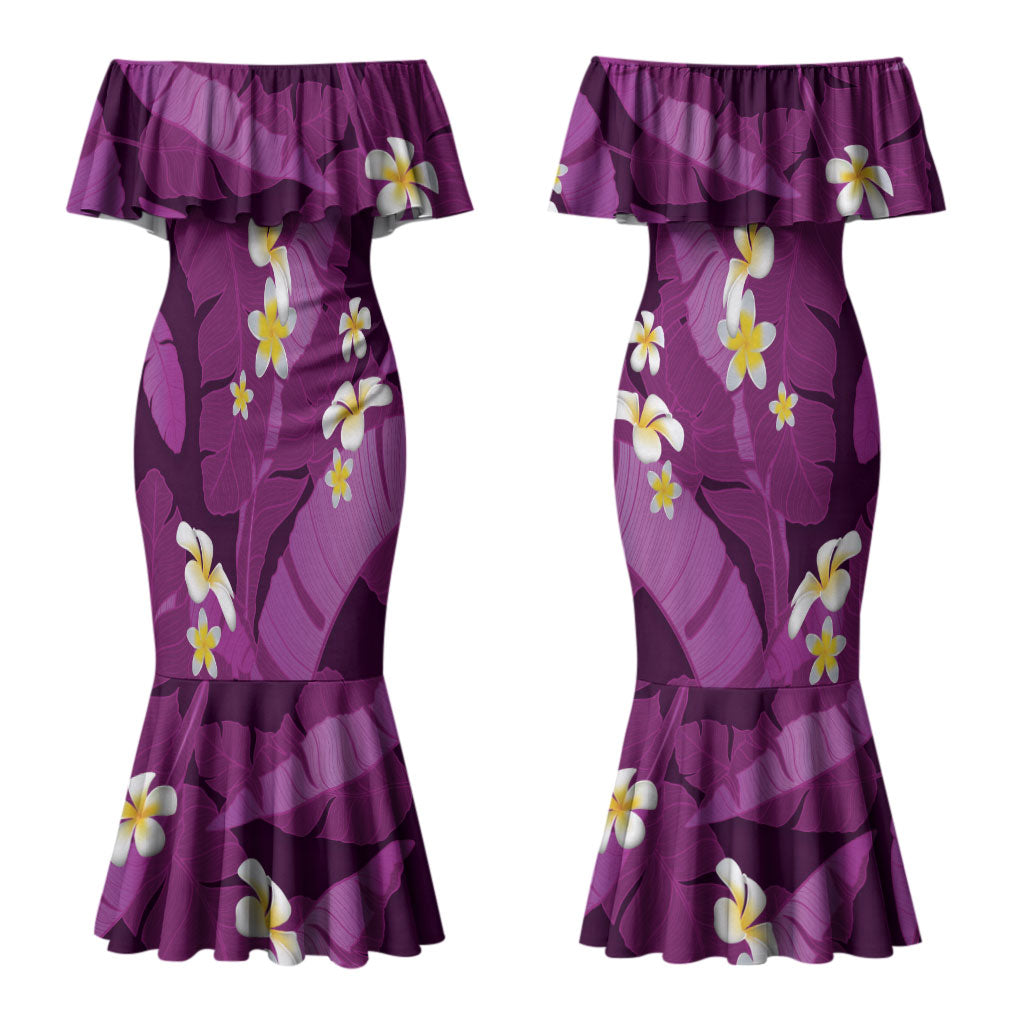 Purple Banana Leaf Hawaii Couples Matching Mermaid Dress and Hawaiian Shirt Lau Maia Plumeria Tropical Summer Vibes